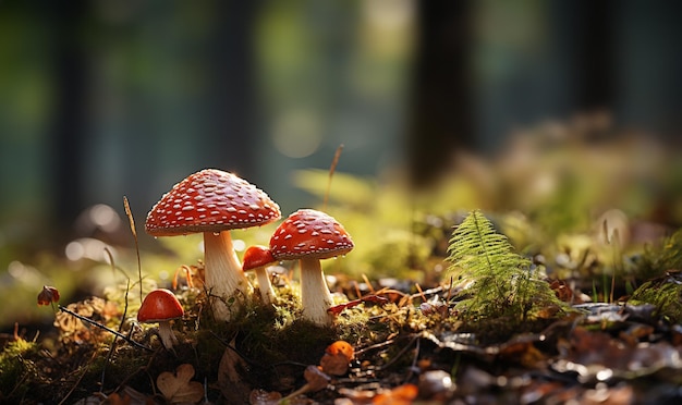 beau gros plan de champignons forestiers dans l'herbe saison d'automne peu de champignons frais poussant dans