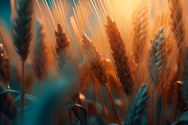 Beau gros plan d'épis de blé au coucher du soleil Domaine de l'agriculture du blé en été Generative Ai