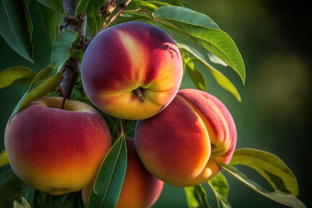 Beau gros plan de nectarines mûres dans les fruits des arbres