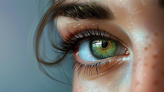 Un beau gros plan d'un œil vert d'une femme avec de longs cils noirs L'œil regarde vers le côté et est plein d'émotion