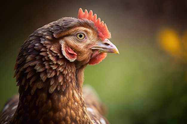 Beau gros plan d'une poule broutant dans une ferme en Italie mise au point sélective Poule de profil sur fond flou