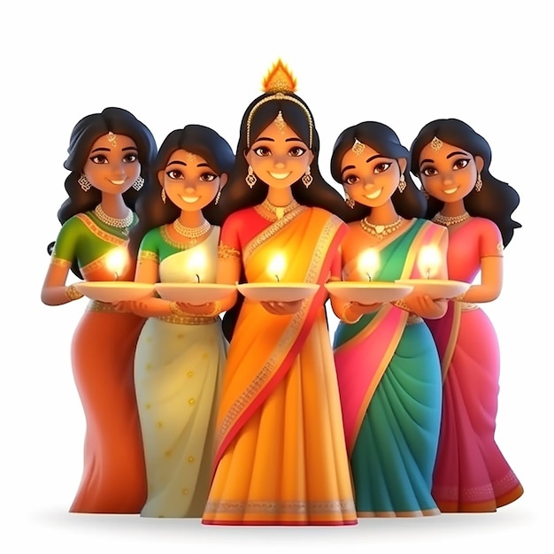 beau groupe de femmes en saree tenant une lampe à huile Diwali illustration vectorielle de dessin animé