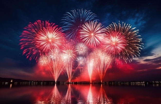 un beau groupe de feux d'artifice flotte dans la nuit