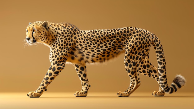 Photo un beau guépard marche à travers le désert le soleil brille sur sa fourrure et ses yeux sont rétrécis contre l'éclat