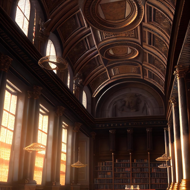 Beau hall d'entrée dans la bibliothèque avec colonnes et rendu 3d voûté. illustration raster