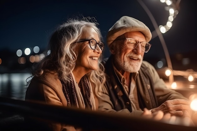 Beau et heureux couple caucasien âgé dans des verres sur un voilier la nuit Réseau de neurones généré en mai 2023 Non basé sur une scène ou un modèle de personne réelle