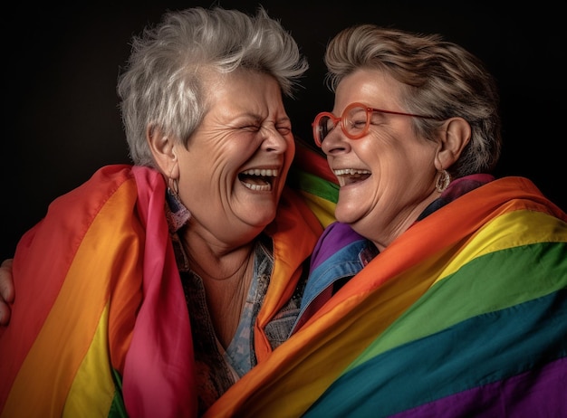 Un beau et heureux couple de lesbiennes gays aux couleurs de l'arc-en-ciel drapeau LGBTQ Pride Month Wallpaper