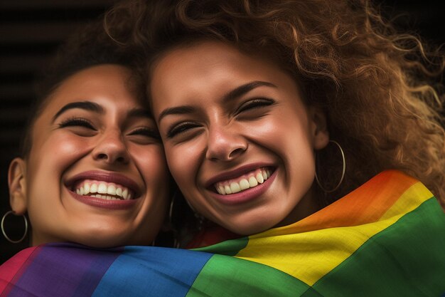 Un beau et heureux couple de lesbiennes gays aux couleurs de l'arc-en-ciel drapeau LGBTQ Pride Month Wallpaper