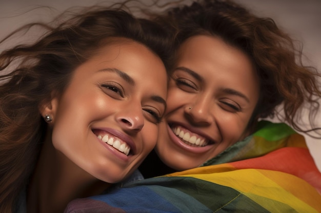 Un beau et heureux couple de lesbiennes gays aux couleurs de l'arc-en-ciel drapeau LGBTQ Pride Month Wallpaper