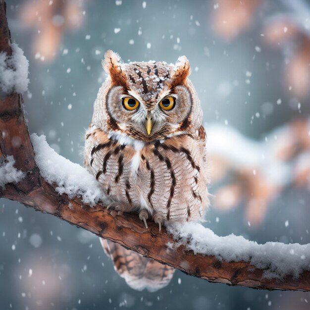 un beau hibou dans la chute de neige