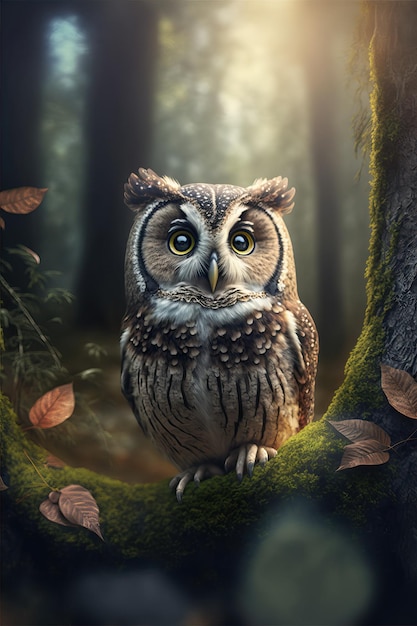 Beau hibou sur un tronc d'arbre dans la forêt