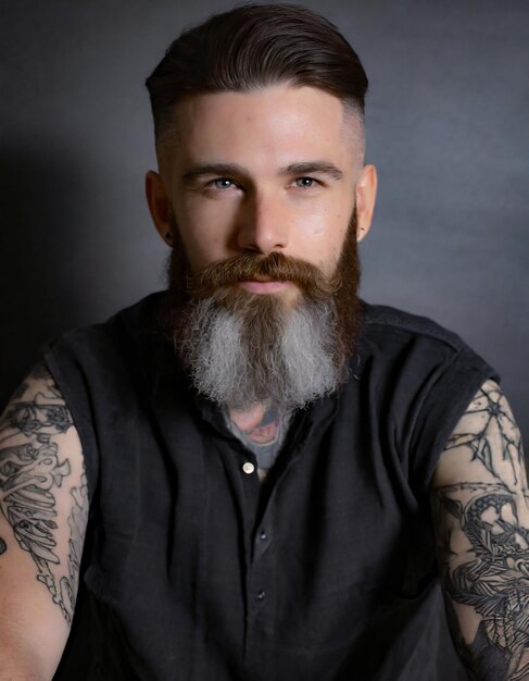 un beau hipster en chemise un homme barbu avec un tatouage