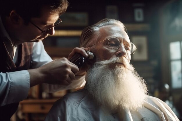 Beau hipster homme âgé avec moustache et barbe dans un salon de coiffure créé avec la technologie Generative AI