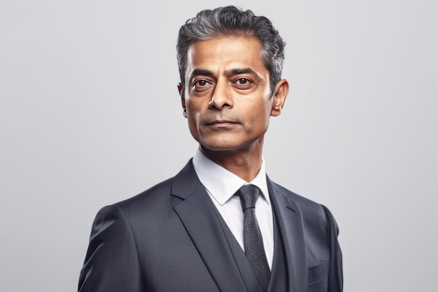 Beau homme d'affaires indien en costume gris foncé et cravate sur fond blanc
