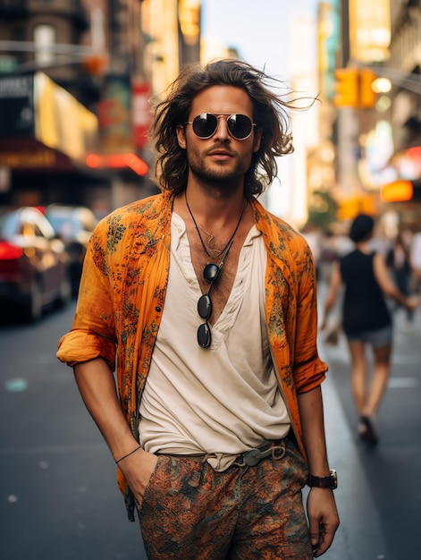 beau homme bohémien marchant dans les rues de New York homme de voyage avec blog de voyage de paysage