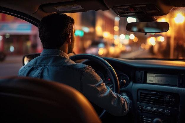 Photo un beau homme occidental de 40 ans à l'intérieur d'une voiture électrique élégante qui navigue tranquillement à travers une ville animée.