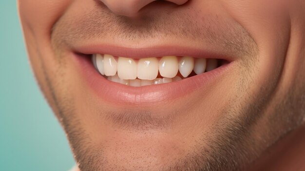 Photo beau homme39s sourire avec des dents droites blanches saines gros plan sur un fond de tonalité avec de l'espace pour le texte