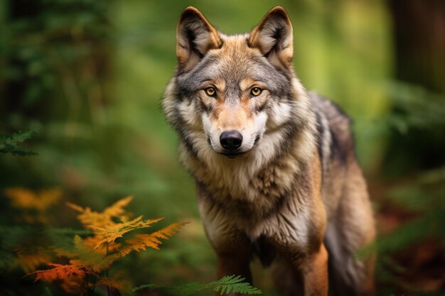 Photo le beau et insaisissable loup eurasien dans la forêt d'été colorée