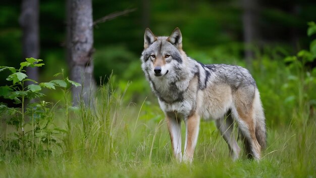 Photo le beau et insaisissable loup eurasien dans la forêt d'été colorée