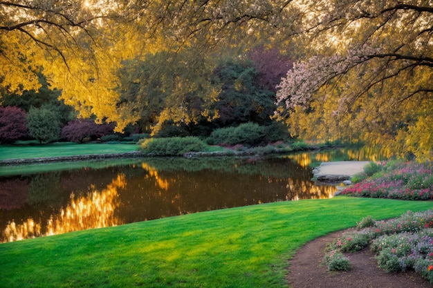 Photo beau jardin avec un étang et des arbres en fleurs