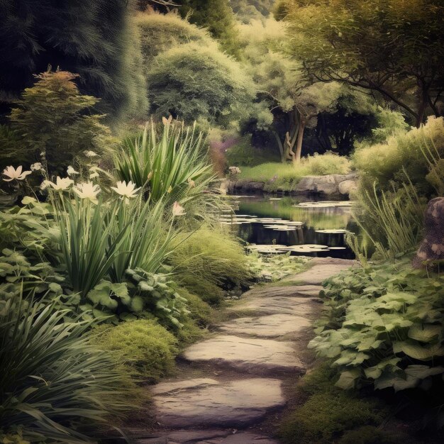 Photo beau jardin avec étang et plantes de style rétro