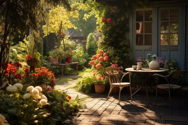 Beau jardin d'été avec table et chaises Une journée ensoleillée en automne