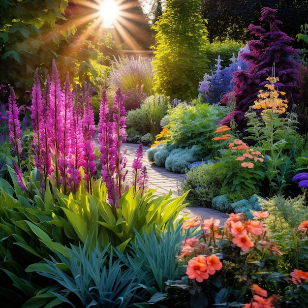 Photo beau jardin avec des fleurs en fleurs sous les rayons du soleil couchant