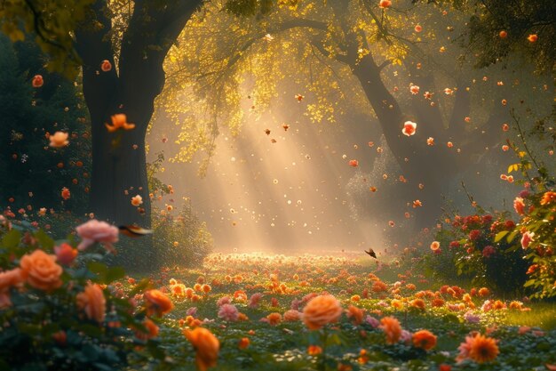 Un beau jardin de fleurs avec un long chemin qui le traverse.