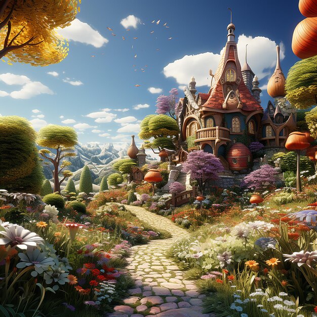 Le beau jardin de fleurs, le paysage capricieux des dessins animés