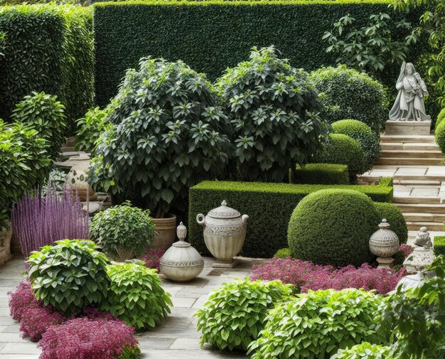 Photo beau jardin avec herbe verte et arbres japonais