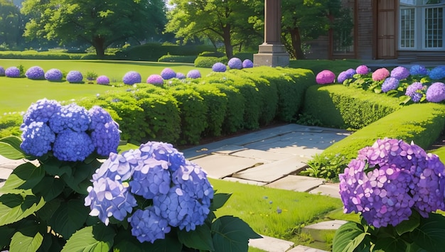 Beau jardin d'hortensias colorés utilisé pour le fond d'écran