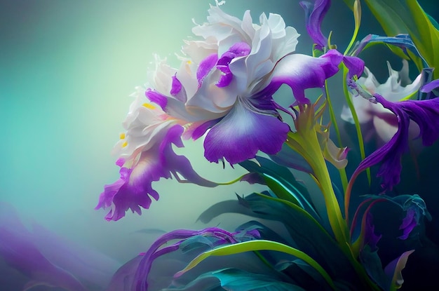 Beau jardin iris libre dans un parc brumeux