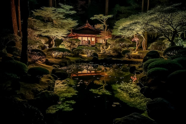 Beau jardin japonais la nuit généré par Ai