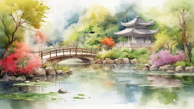 beau jardin japonais temps d'été illustration à l'aquarelle