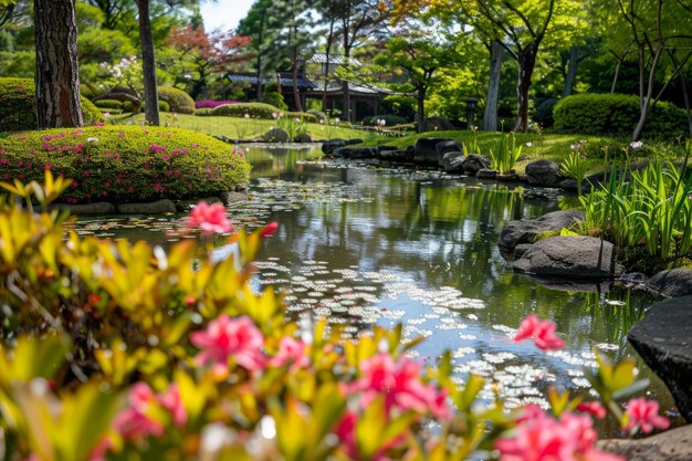 Beau jardin avec une pelouse verte tondée et des parterres de fleurs colorés IA générative