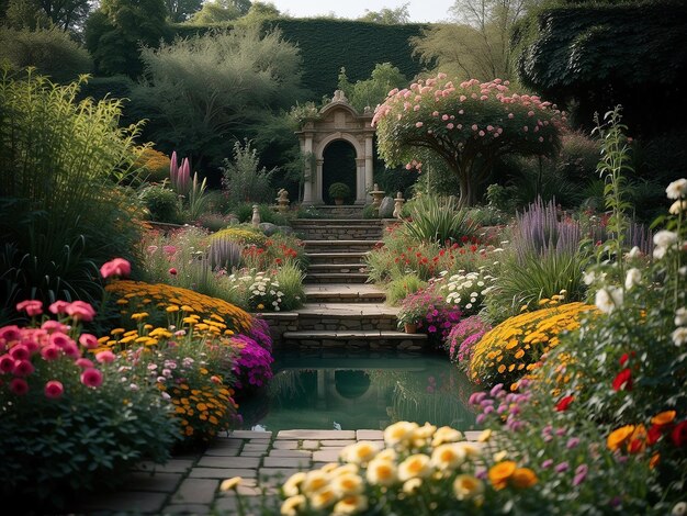 Un beau jardin plein de fleurs et de décorations en pierre