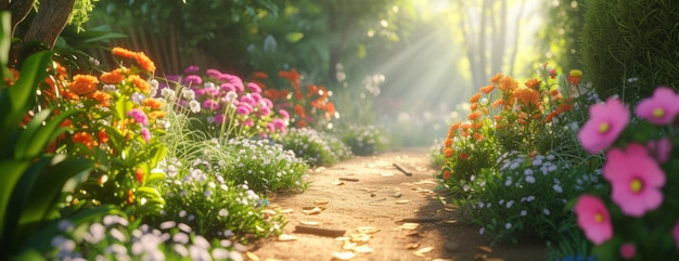 Beau jardin un sentier avec des fleurs colorées fond de rêve