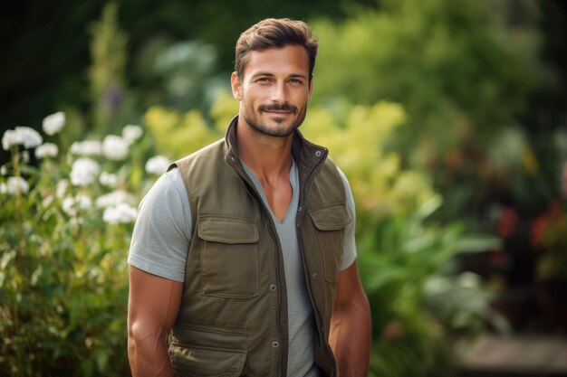 Beau jardinier mâle souriant dans le jardin travailleur de jardin horticulteur heureux gagdener