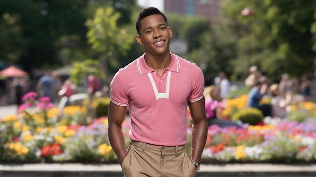 Photo un beau jeune afro-américain avec un t-shirt de polo rose