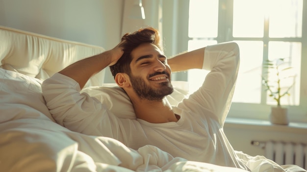 Ce beau jeune Arabe se sent bien quand il se réveille le matin se détendre sur son lit et s'étirer après une bonne nuit de sommeil souriant homme du Moyen-Orient du millénaire aime commencer une