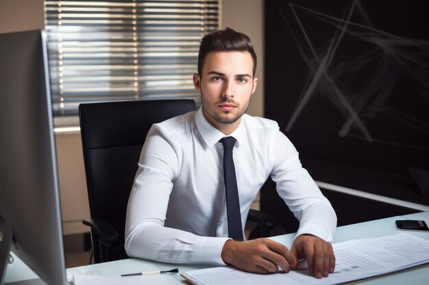 Photo un beau jeune architecte travaillant sur un ordinateur dans son bureau créé avec une ia générative