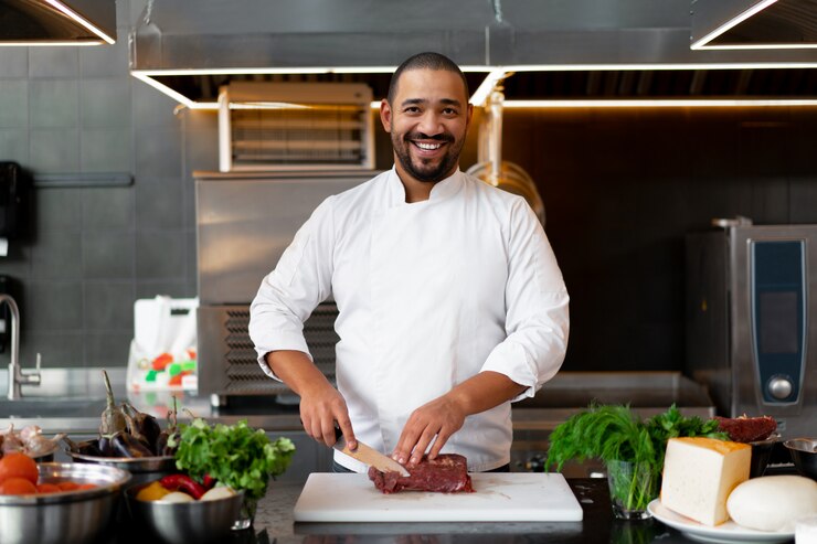 Beau jeune chef africain debout dans une cuisine professionnelle au restaurant prépare un repas de légumes à base de viande et de fromage. Portrait d'homme en uniforme de cuisinier Coupe la viande avec un couteau en métal.