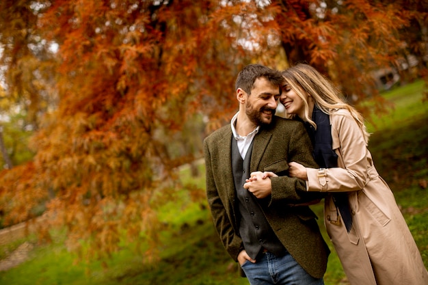 Beau jeune couple dans le parc en automne