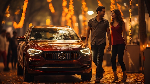 Un beau jeune couple debout près de la voiture dans la nuit célébration du festival de Diwali en Inde