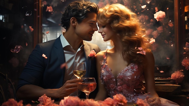 beau jeune couple avec du vin rouge au restaurant