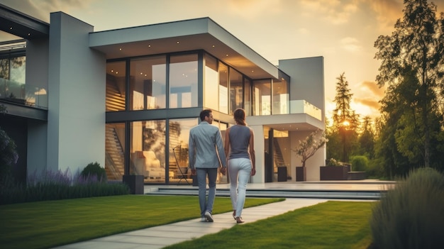 Beau jeune couple à l'extérieur de la maison au coucher du soleil