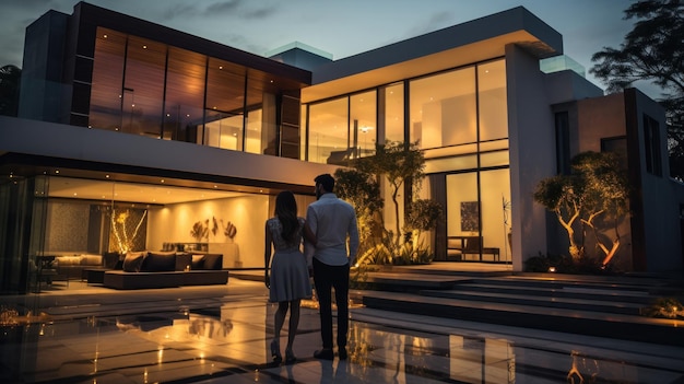 Beau jeune couple à l'extérieur de la maison au coucher du soleil