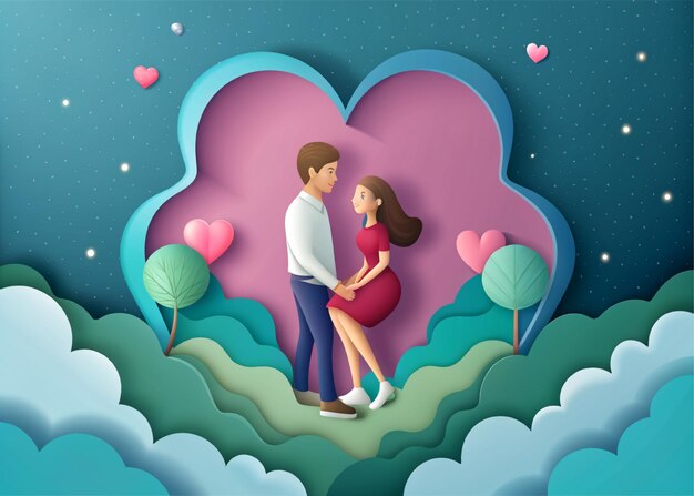 Un beau jeune couple rêvant de leur futur cœur fond papier style d'art