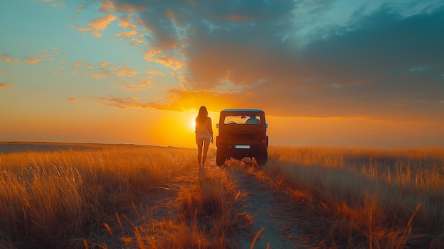 Un beau jeune couple se tient sur la route et regarde le coucher de soleil.