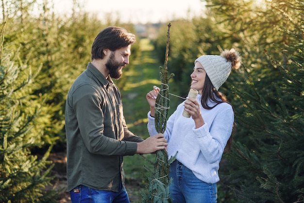 Beau jeune couple souriant élégant cravate avec des fils bel arbre de Noël acheté à un lieu de plantation spécial.